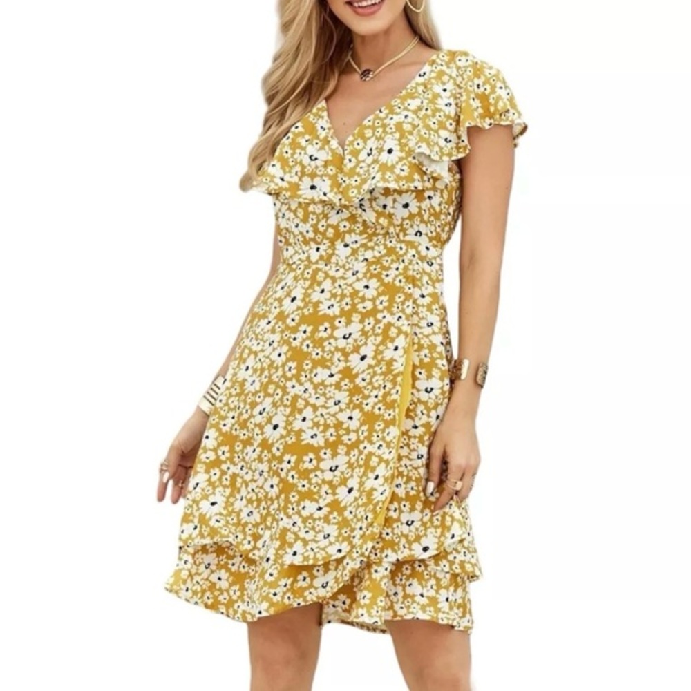 Suzanne Betro‎ Marigold Dress Tiered Floral Ruffle V Neck Cap Sleeve Flared M
